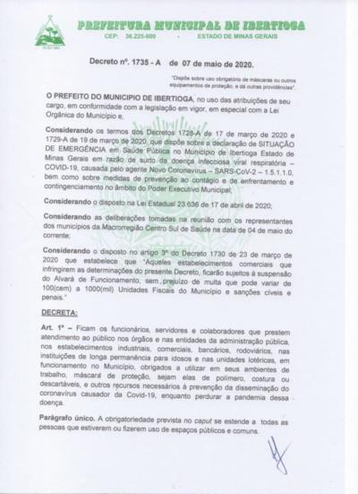 Decreto 1735-A, de 07 de maio de 2020, dispõe sobre uso obrigatório de máscaras e outros equipamentos de proteção, e dá outras providências