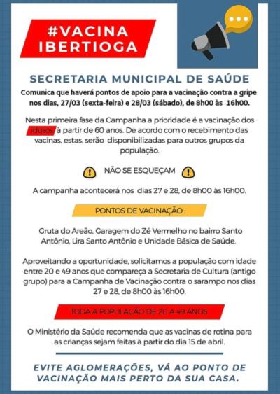 #VACINAIBERTIOGA A Secretaria Municipal de Saúde comunica que haverá pontos de apoio a vacinação contra a gripe sexta-feira (27/03) e sábado (28/03), das 08:00 às 16:00