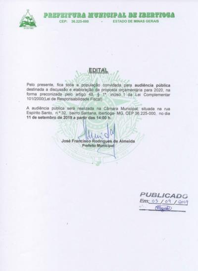 Convite à toda população para a Audiência Pública destinada a discussão e elaboração da proposta orçamentária para 2020. Dia 11 de setembro de 2019, a partir das 14:00, na Câmara Municipal. Participe!